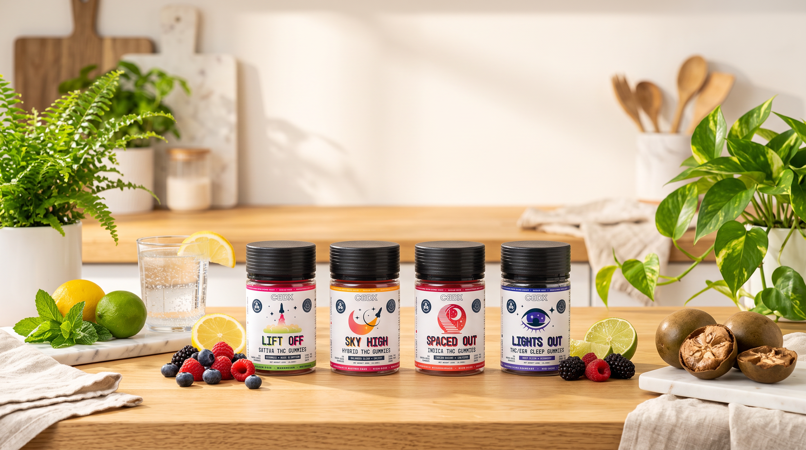 CBDX sugar-free THC gummies with fresh monk fruit and natural ingredients representing premium cannabis edibles made without added sugar.