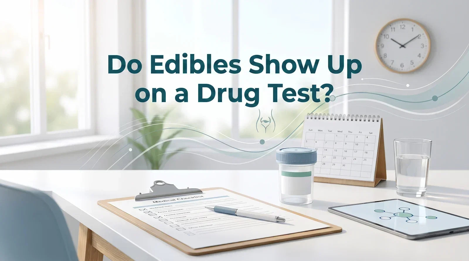 Medical-style workspace with a drug test sample container and calendar illustrating how THC edibles may appear on a drug test.