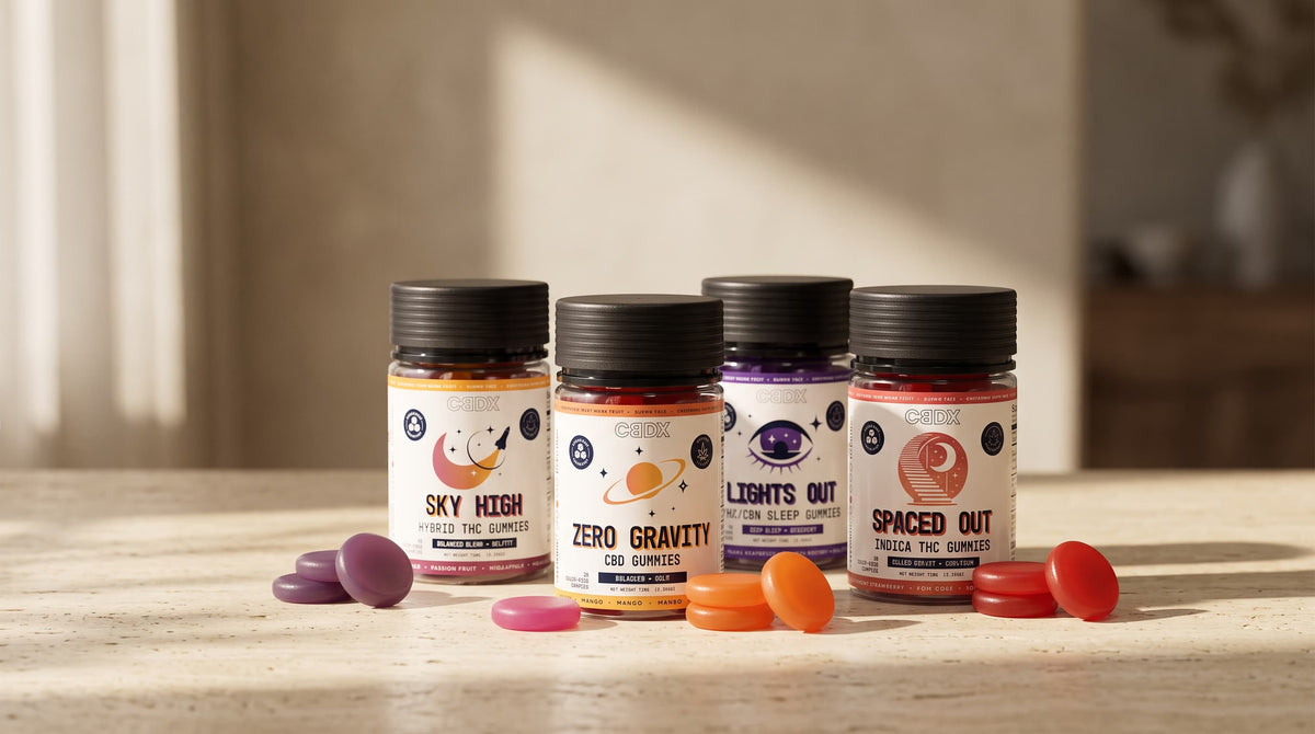 CBDX THC, CBD, CBN, and CBG gummy bottles arranged together to illustrate different cannabinoid ratios and blends.