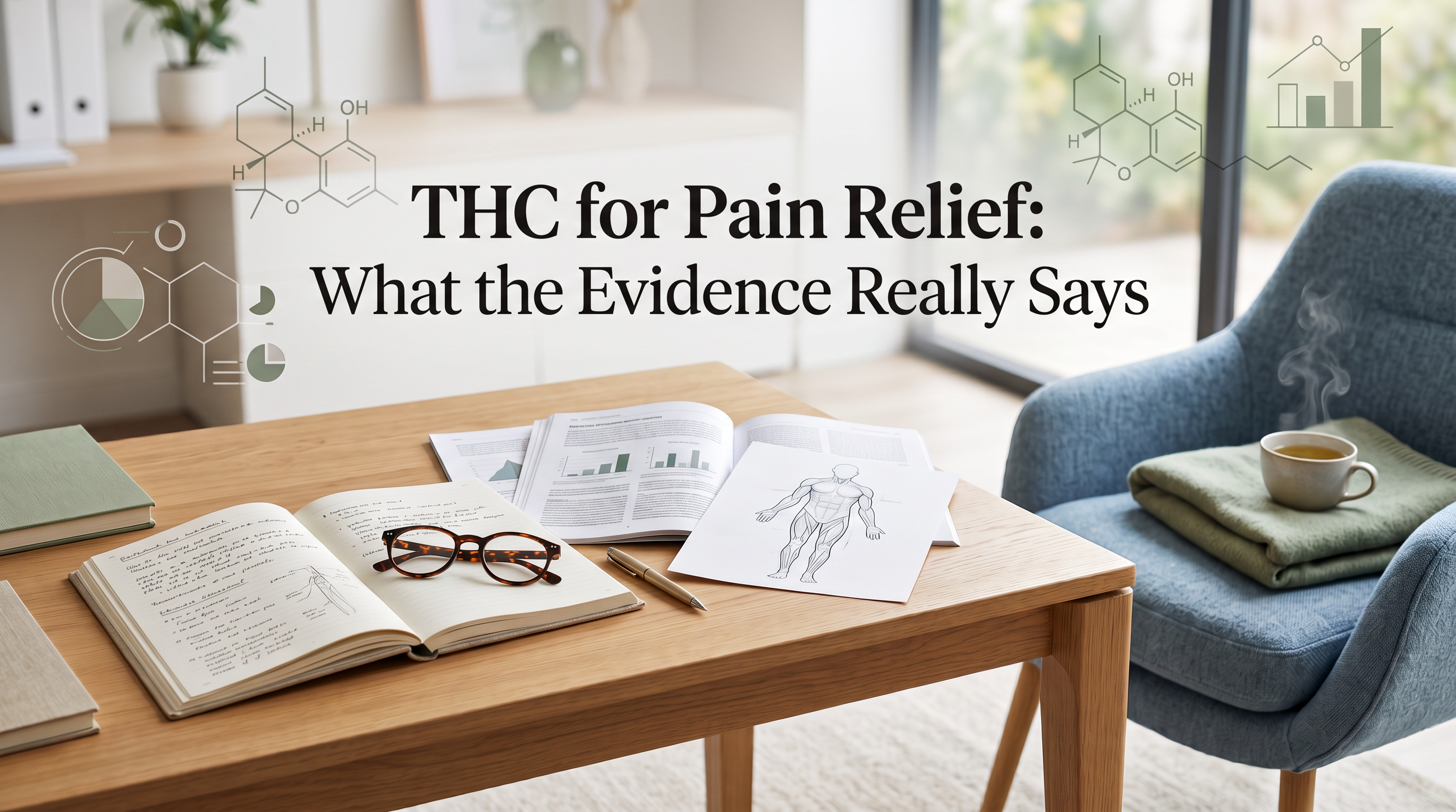Research materials and anatomical illustrations representing scientific evidence about THC for pain relief and physical comfort.