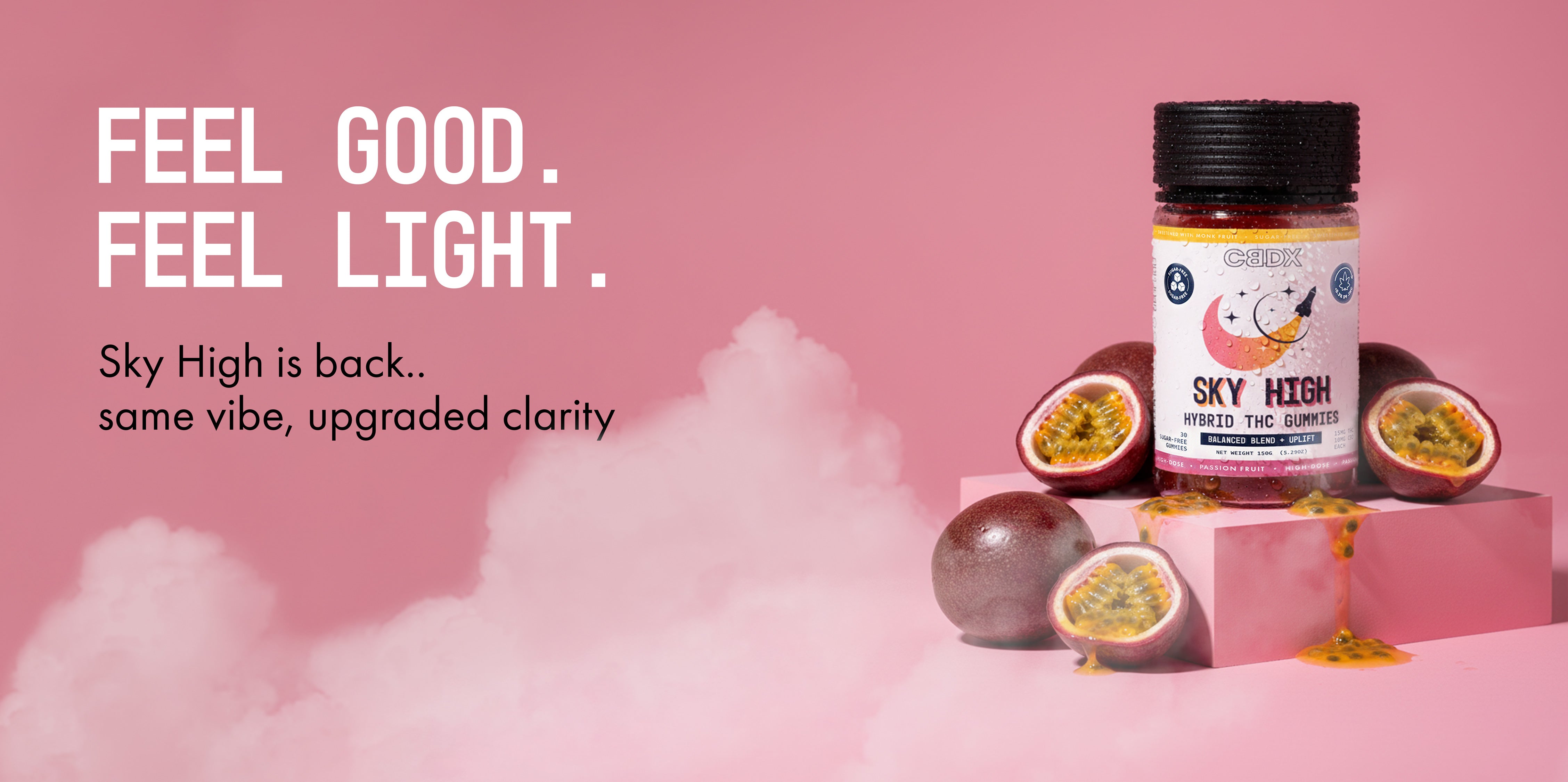 Jar labeled 'Sky High' with pink background and text 'Feel Good. Feel Light.'