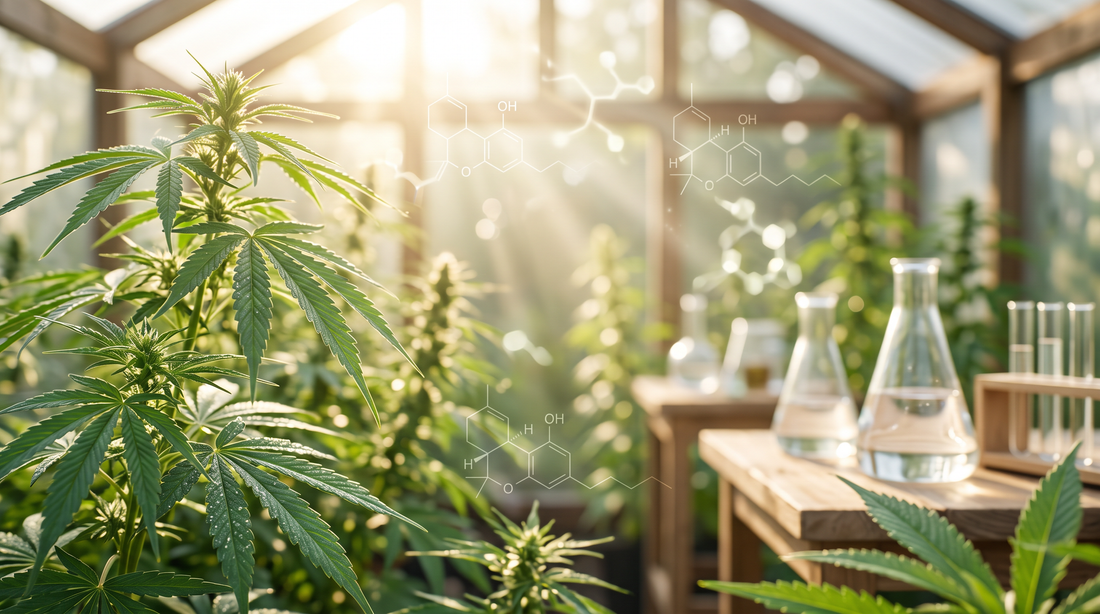 Hemp plants growing in a field with cannabinoid molecules illustrating the difference between Delta 8 THC and hemp-derived Delta 9 THC.