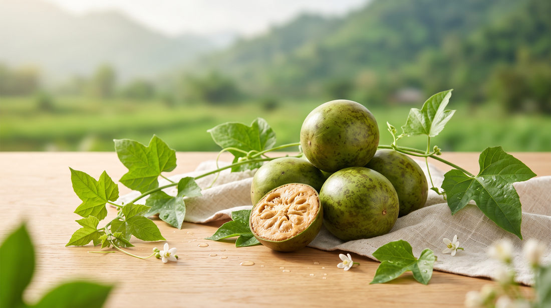 Fresh monk fruit on the vine representing the natural sweetener used in CBDX sugar-free THC and CBD gummies.