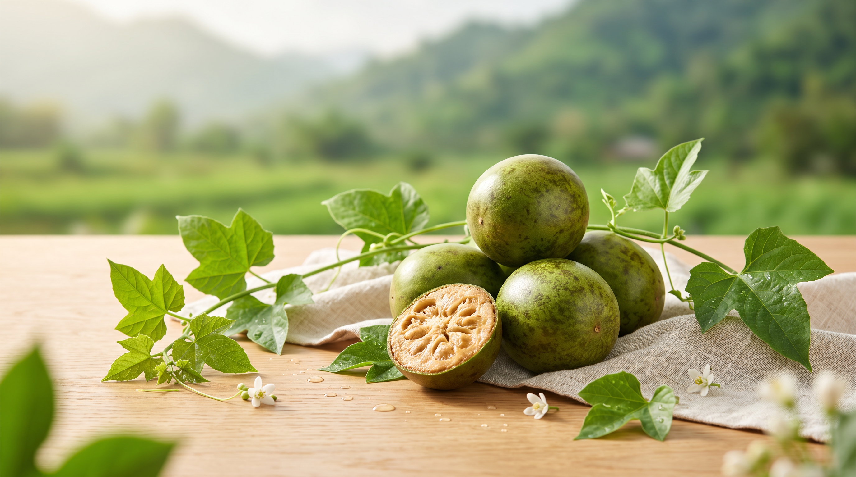 Fresh monk fruit on the vine representing the natural sweetener used in CBDX sugar-free THC and CBD gummies.