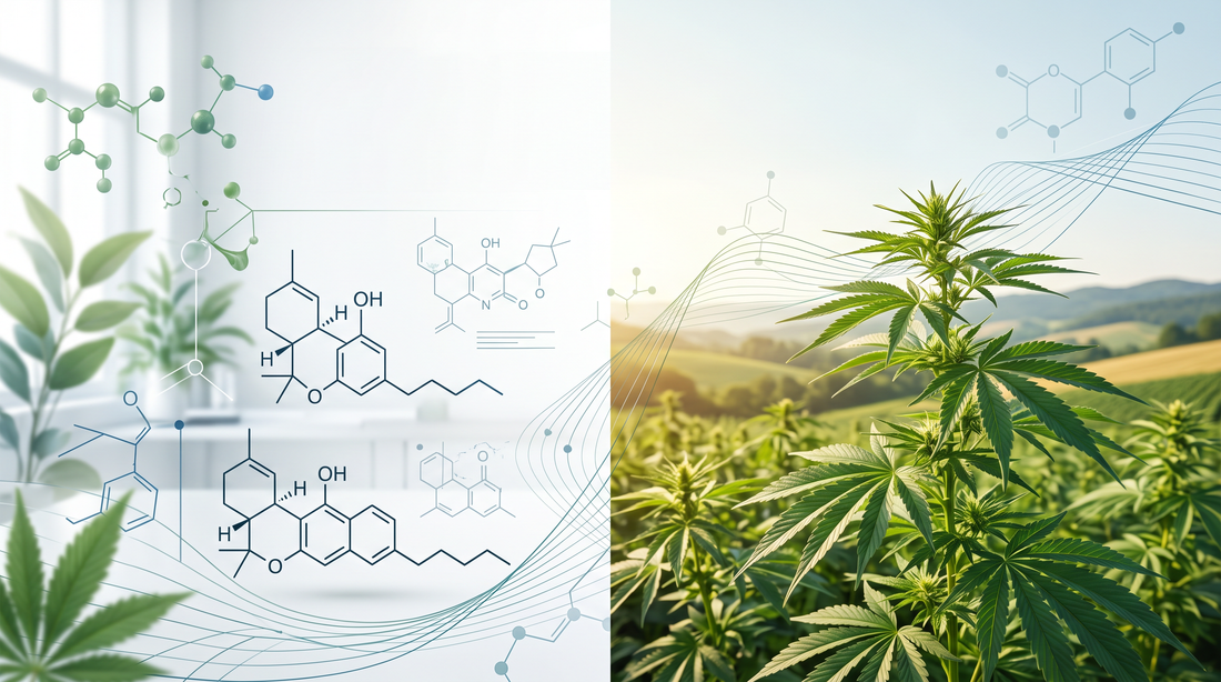Healthy hemp plants with cannabinoid molecules illustrating the differences between Delta 8 THC and hemp-derived Delta 9 THC.