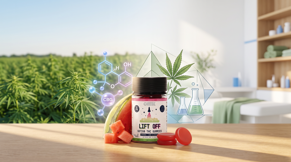 CBDX hemp-derived Delta 9 THC gummies with healthy hemp plants representing the evolution of premium cannabinoid wellness.