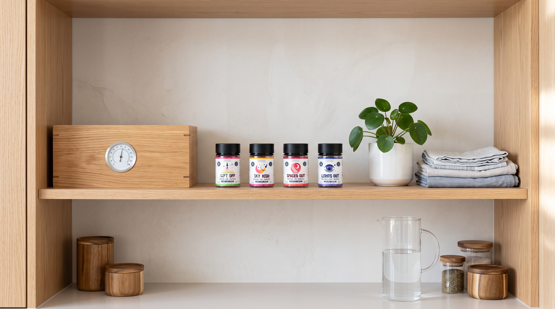 CBDX THC gummy bottles stored in a cool, dry cabinet to help preserve freshness, flavor, and quality.