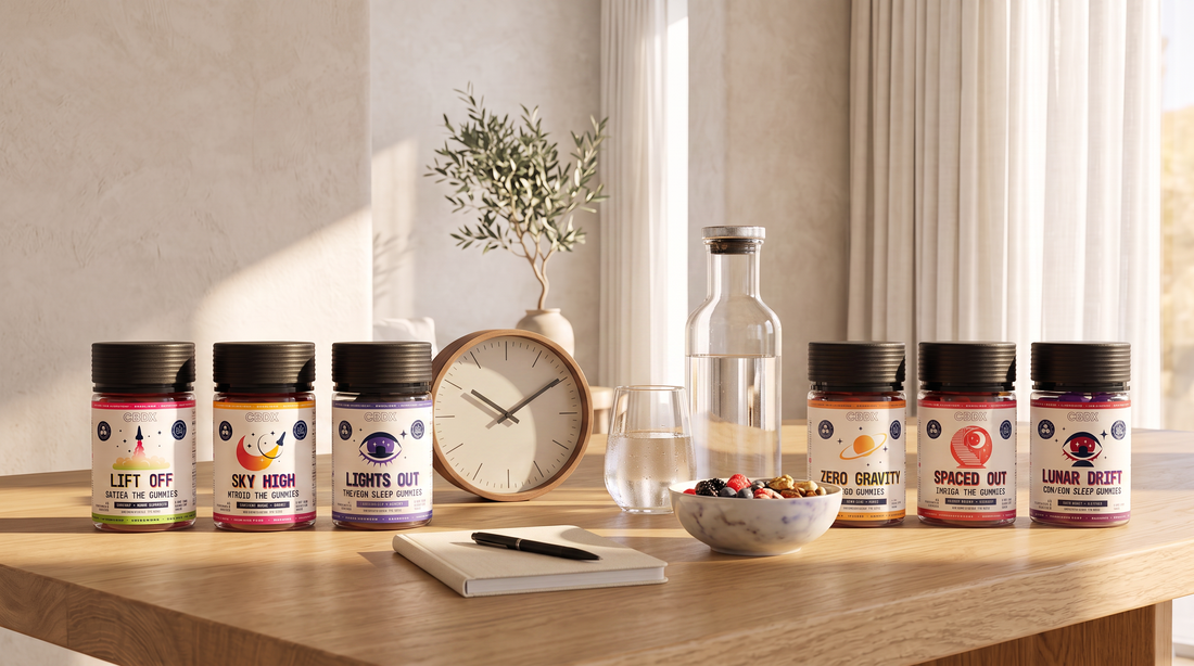 CBDX hemp-derived THC gummies with water, a clock, and healthy snacks illustrating responsible THC gummy dosing and waiting before taking another gummy.