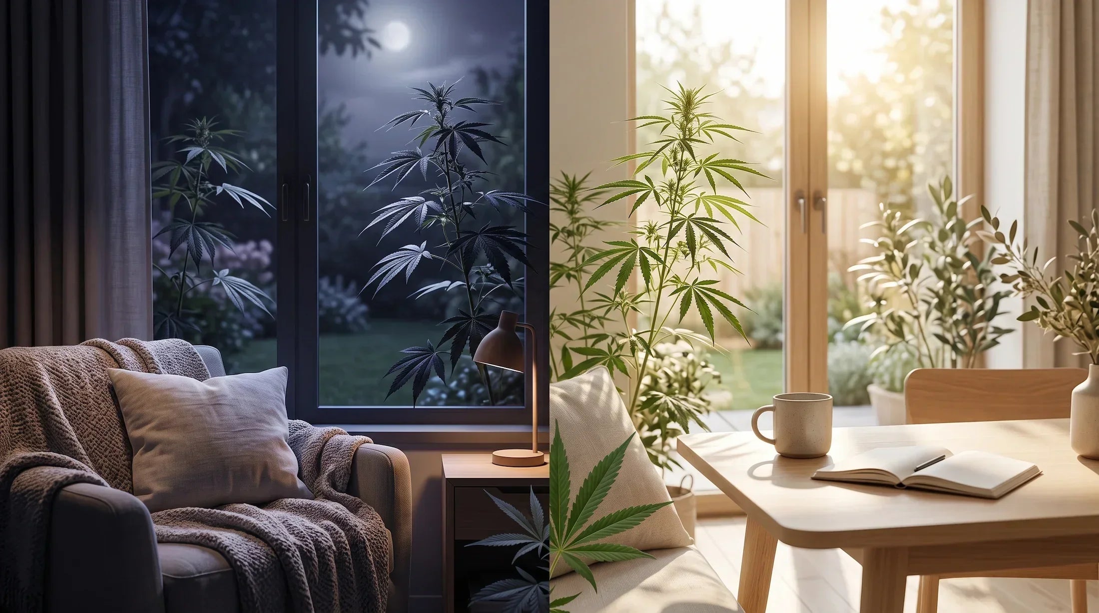 Daytime and nighttime wellness spaces illustrating the relationship between indica, sativa, relaxation, and sleep.