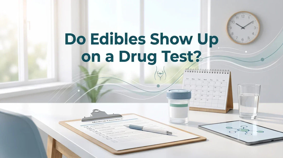 Medical-style workspace with a drug test sample container and calendar illustrating how THC edibles may appear on a drug test.