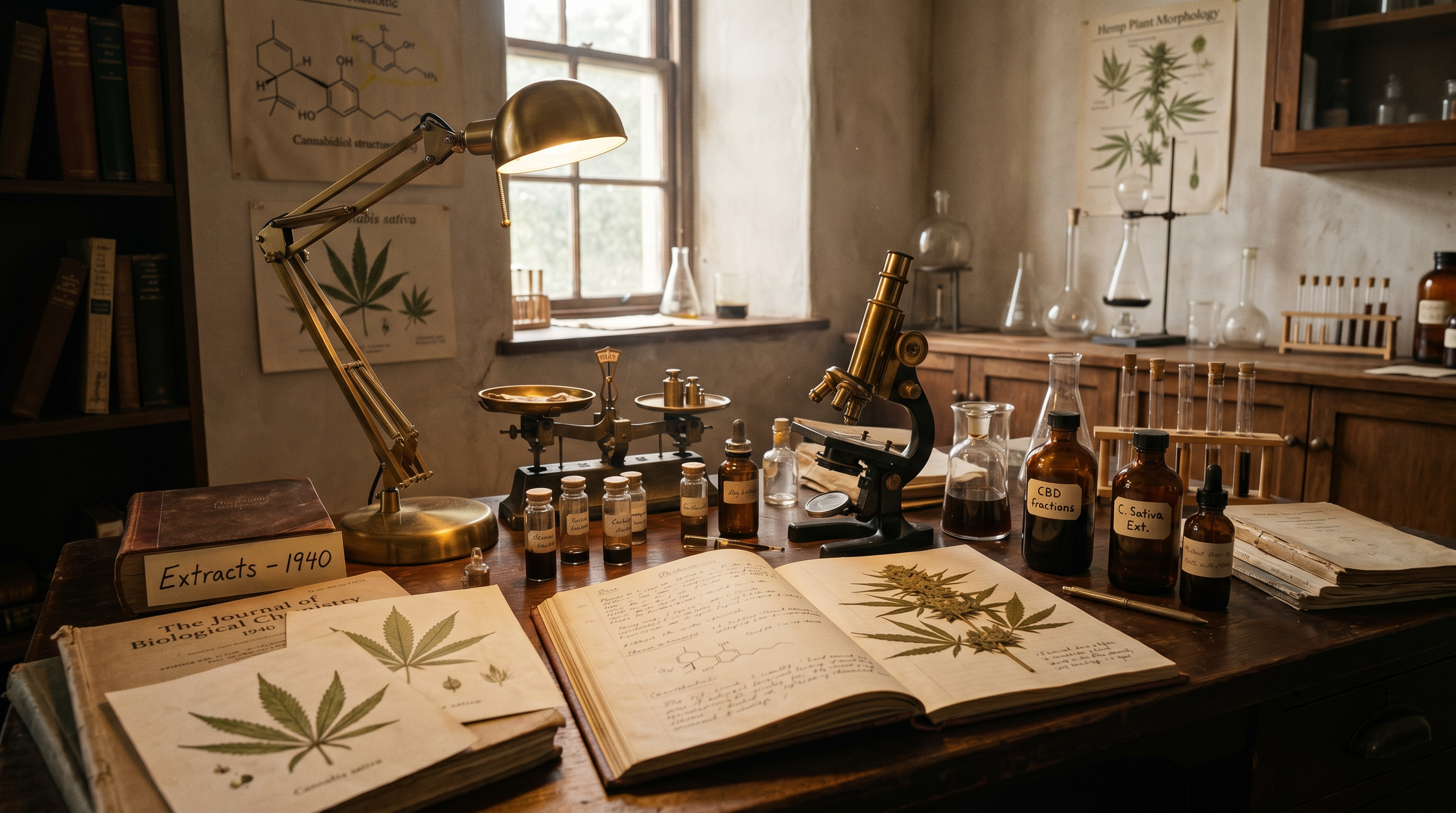 Vintage 1940s laboratory scene representing the early discovery of CBD