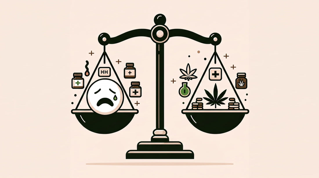 THC gummies and GLP-1 medications shown on opposite sides of a balance scale