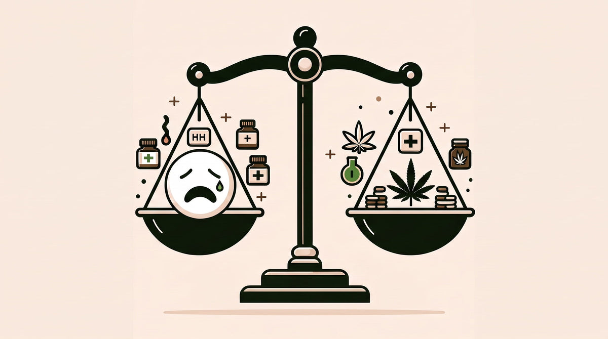 THC gummies and GLP-1 medications shown on opposite sides of a balance scale