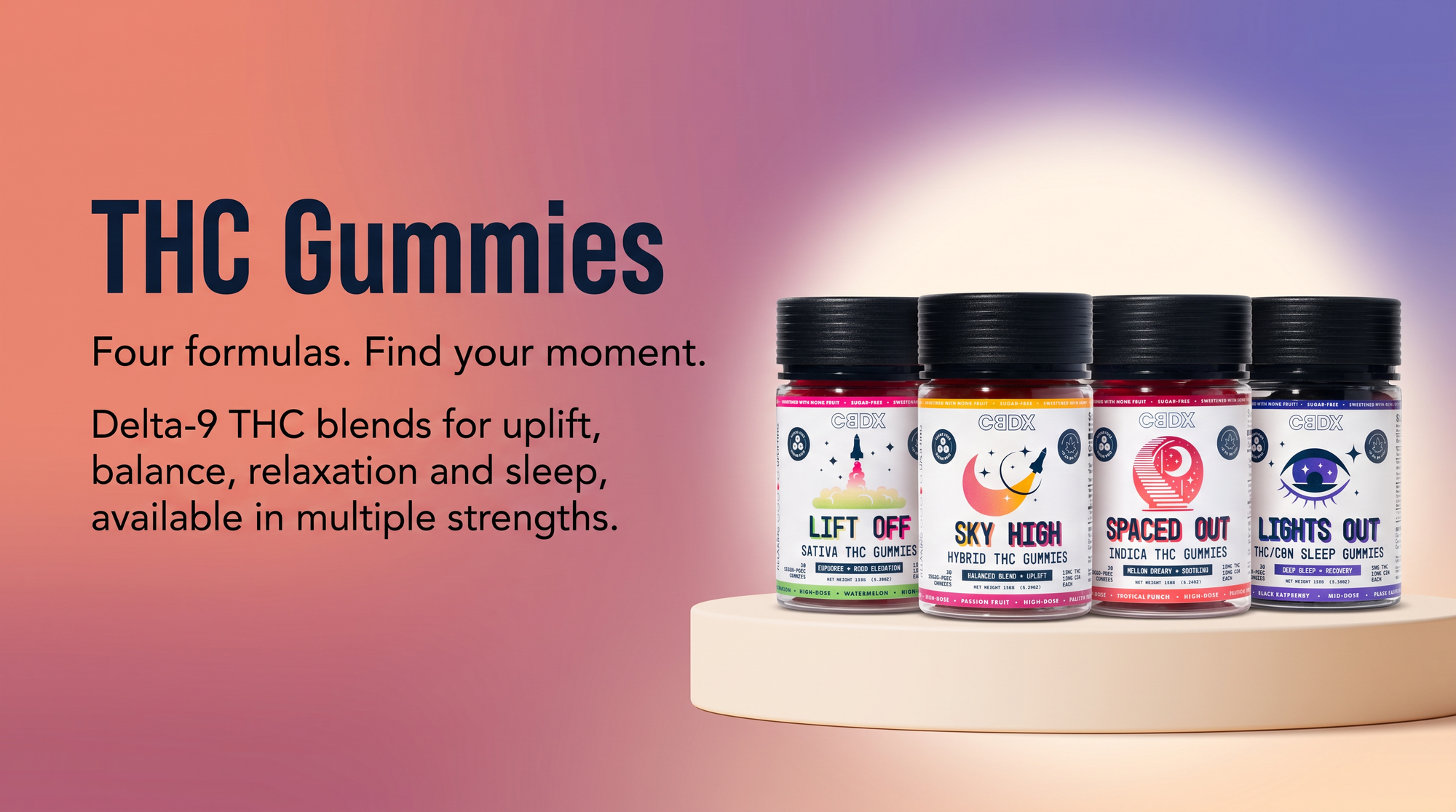 Four bottles of gummies with labels on a yellow background, promoting sugar-free and non-THC products.