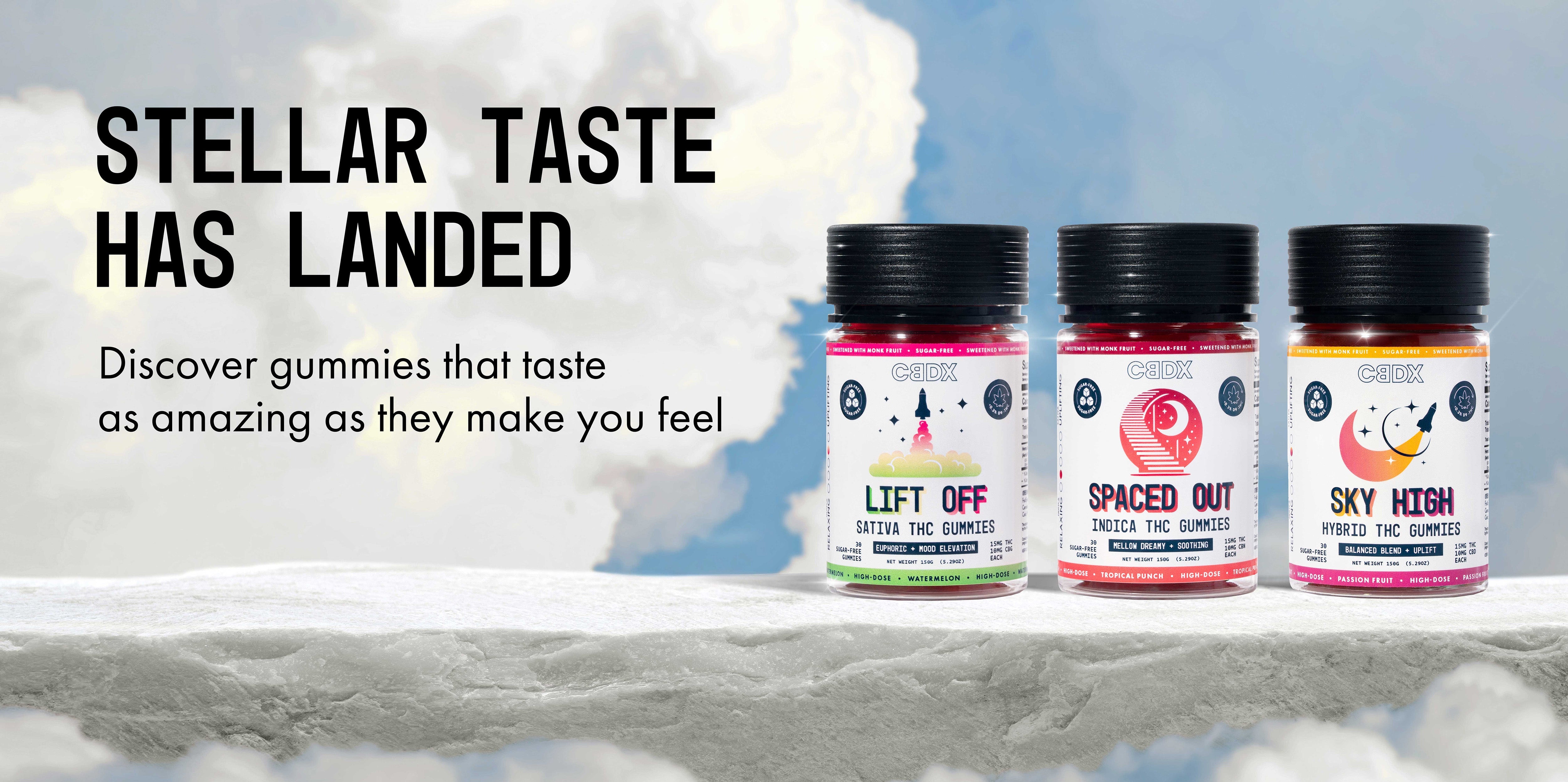 Jar labeled 'Sky High' with pink background and text 'Feel Good. Feel Light.'