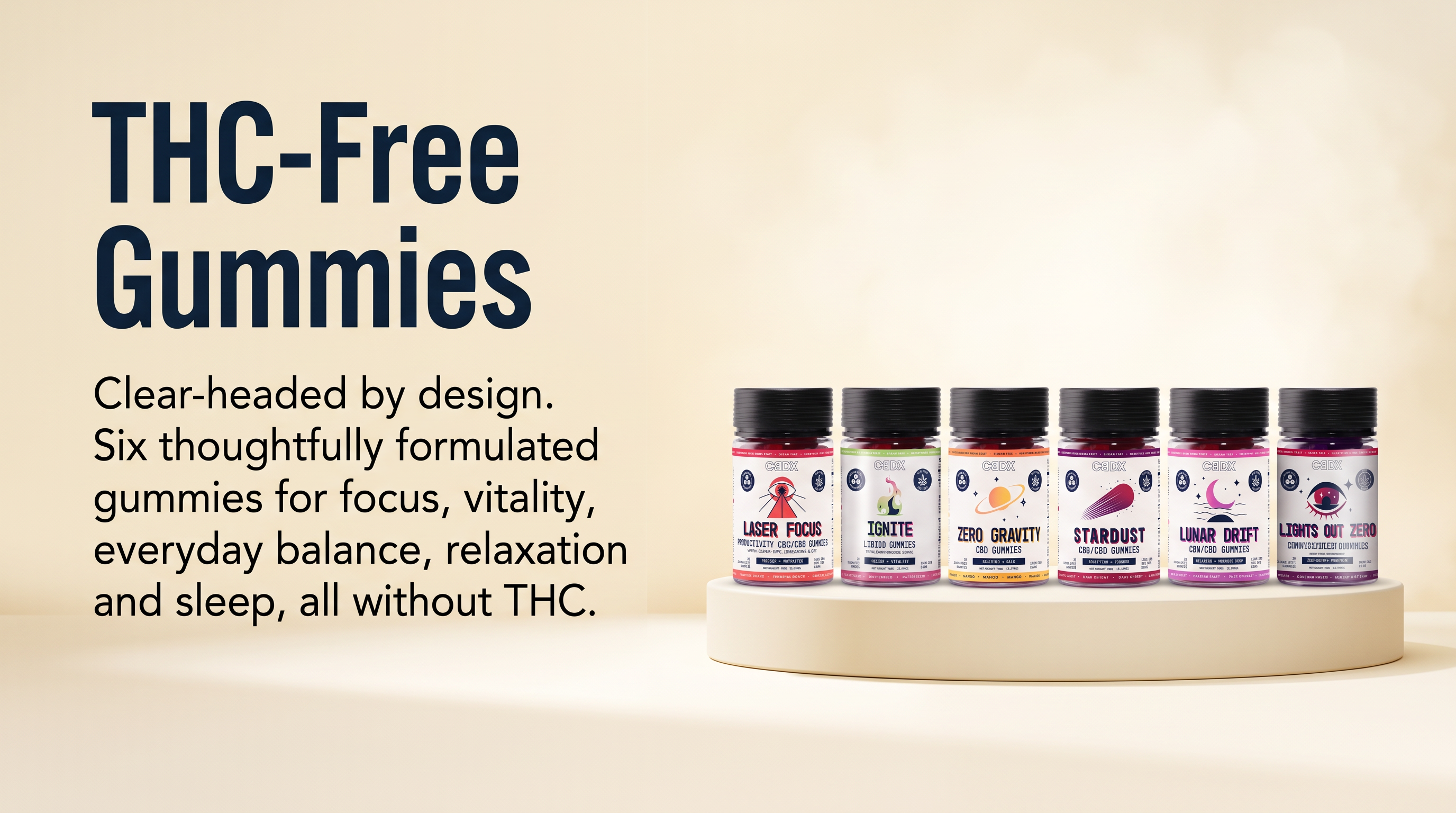 Four bottles of gummies with labels on a yellow background, promoting sugar-free and non-THC products.