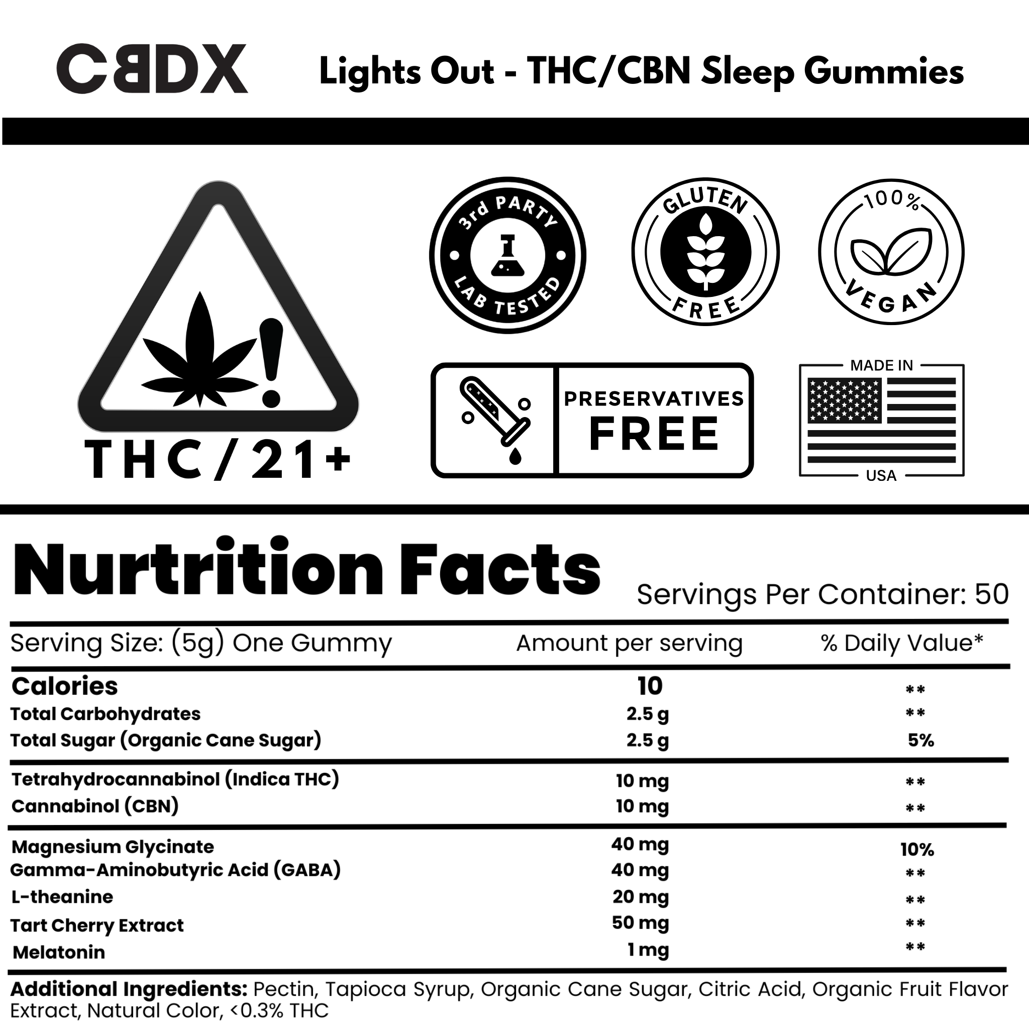 Lights Out - THC/CBN Sleep Gummies (Cane Sugar) 50 Count