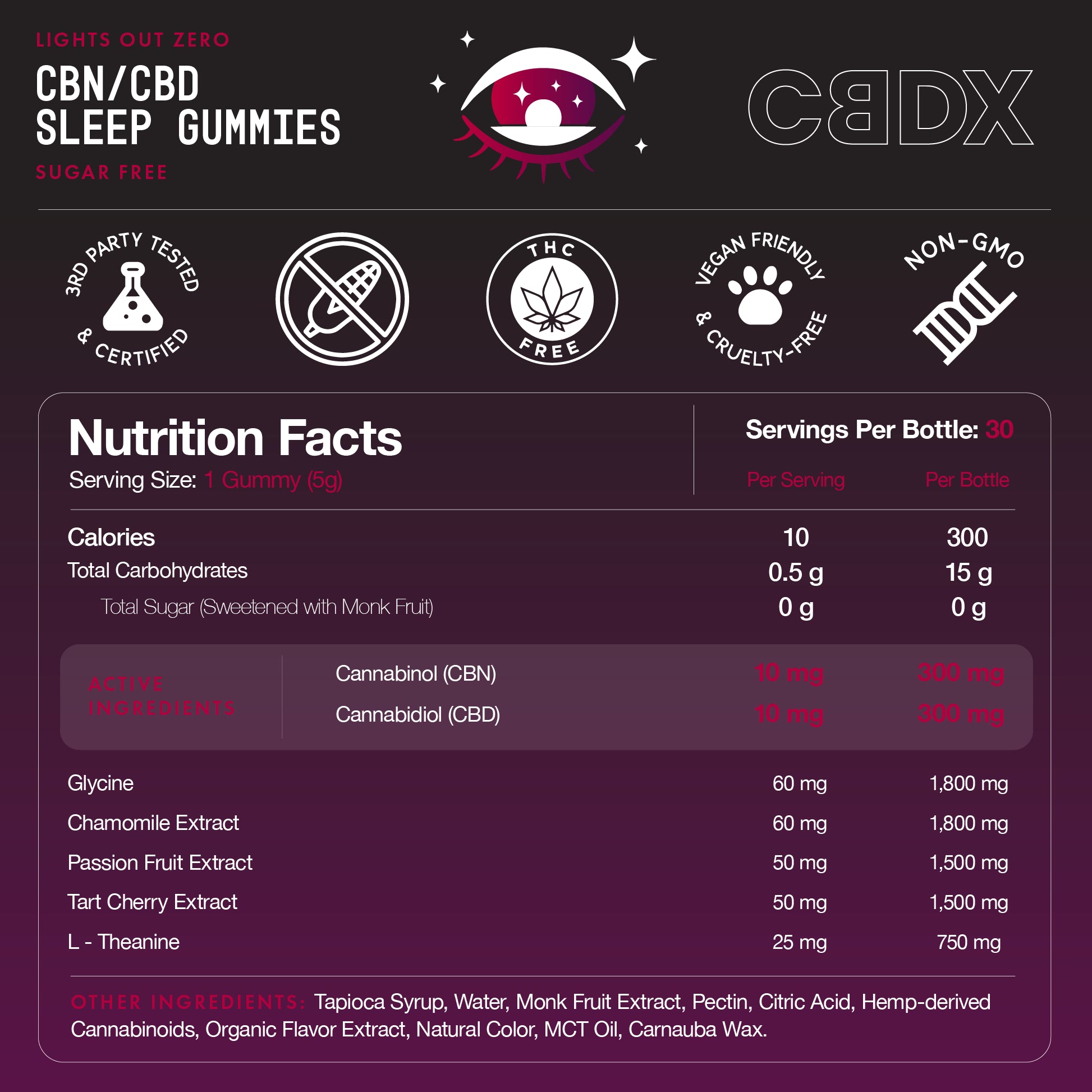 Nutrition facts label for CBN/CBD sleep gummies with CBNX branding on a dark background.