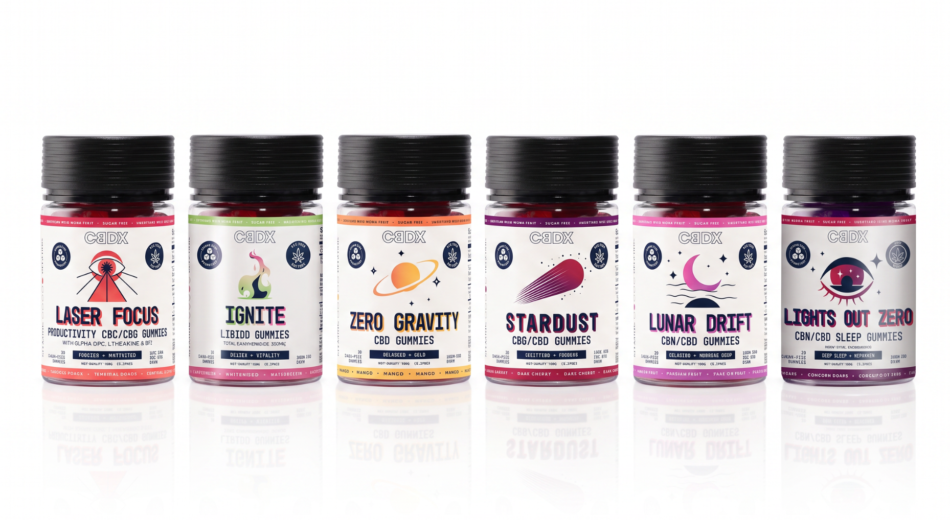 CBDX Wellness bundle Sugar Free THC free Gummies. Laser Focus, Ignite, Zero Gravity, Stardust, Lunar Drift, and Lights Out Zero.